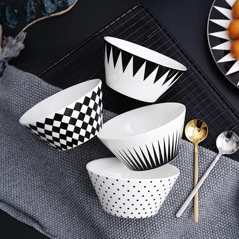 

Black and white geometric wave diamond triangle ceramic bowl rice bowl salad bowl dessert bowl creative ins style