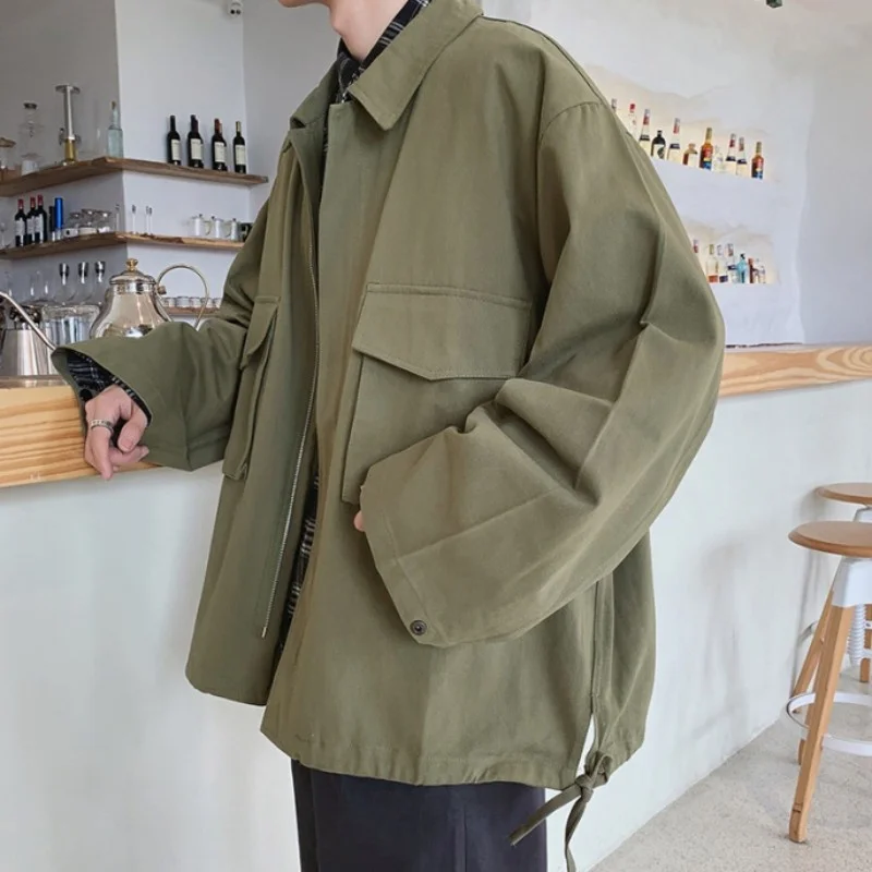 Harajuku Japanese Casual Cargo Coat Men Vintage Pocket Loose Fit Black Army Green Jacket Male Streetwear Spring Autumn Outerwear