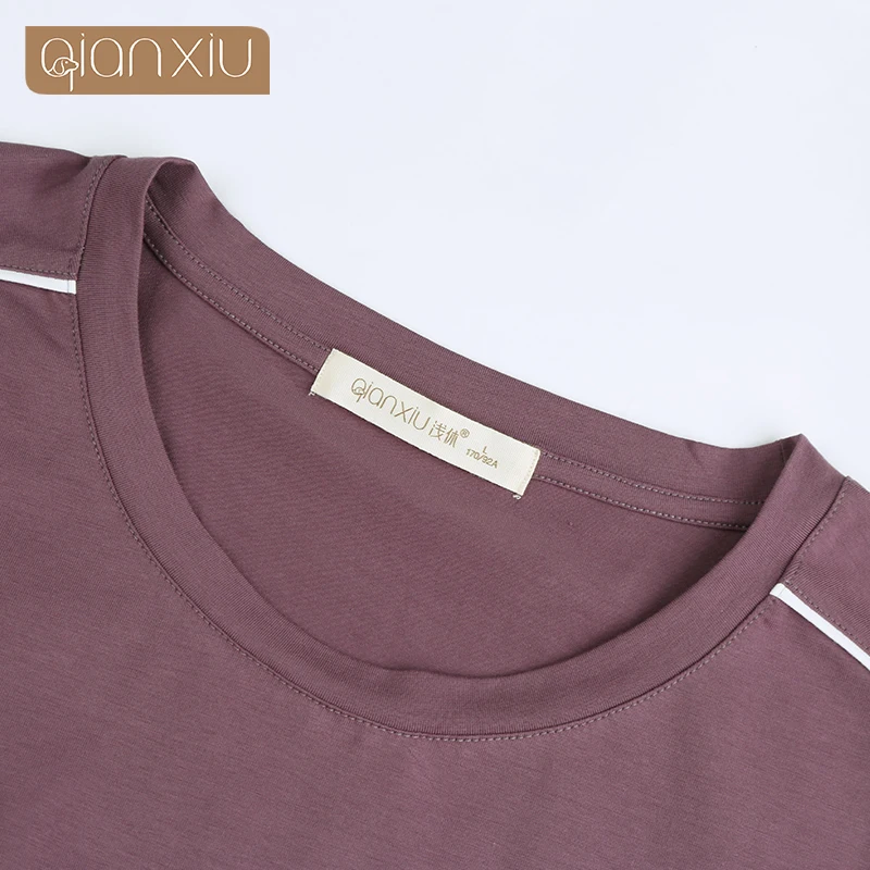 Summer New Men\'s Cotton Solid Color Short Sleeve Round Collar Top Stripe Shorts Home Set Simple Sleepwear Home Suit