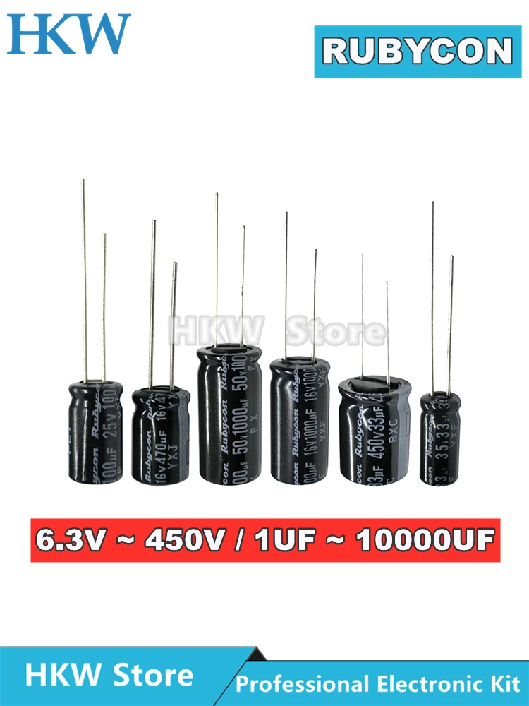 10szt Kondensatory elektrolityczne Rubycon 6.3V 10V 16V 25V 35V 50V 63V 100V 400V 450V 1UF 10UF 22UF 47UF 220UF 470UF 1000UF 2200UF