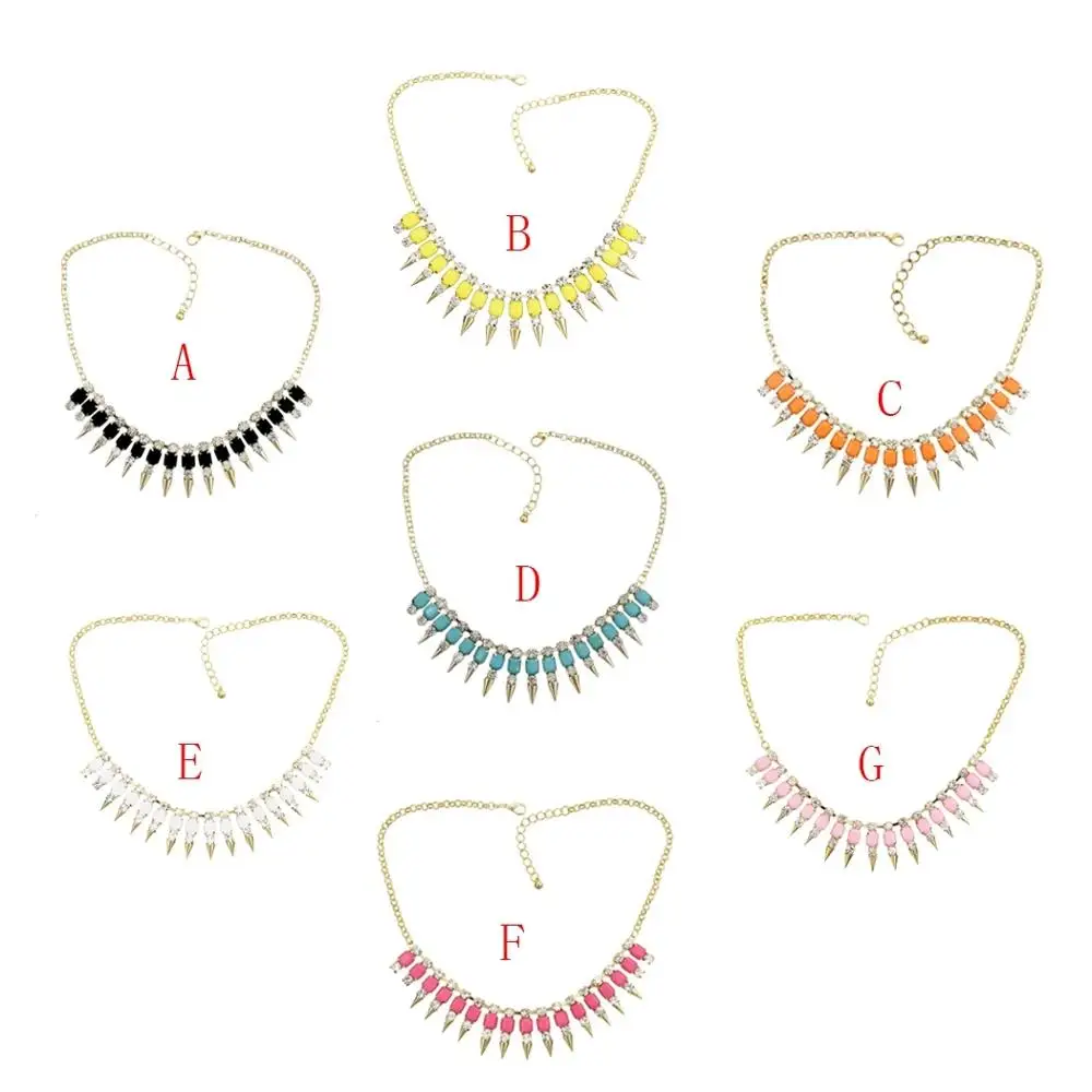 

New Fashion Punk Rock Crystal Square Resin Stone Gem Spike Rivet Choker Bib Necklace for women