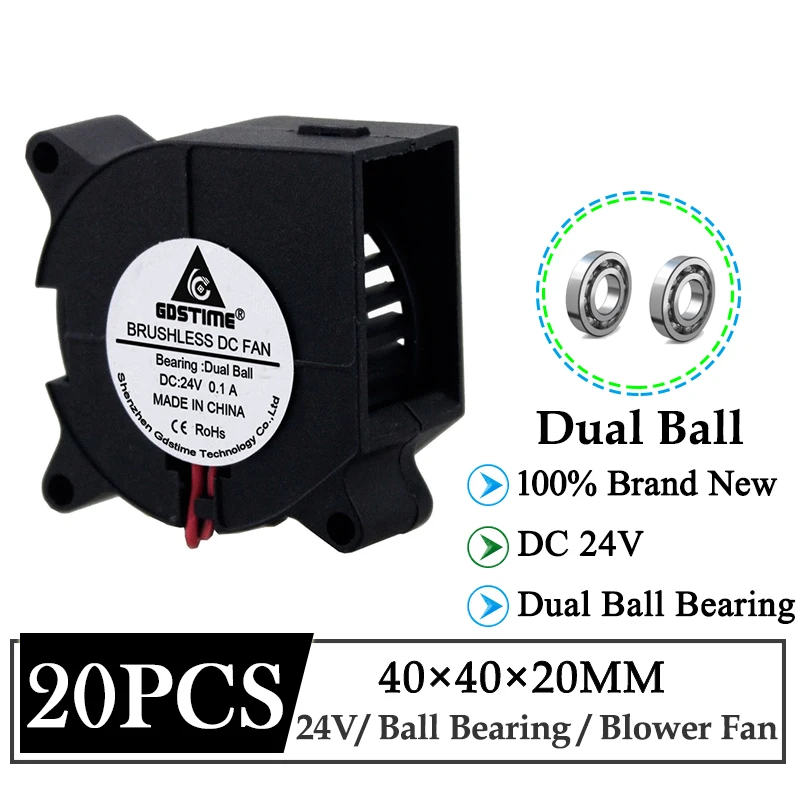 

20Pcs/Lot Gdstime 24V 40mm 40x40x20mm Ball DC Brushless Genius Artillery 3D Printer Cooling Fan 4cm 4020 Turbo Blower Cooler