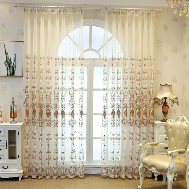 Luxury  Brown Embroidered Tulle Sheer Curtains for Living Room Bedroom Window Voile Panel Drapes