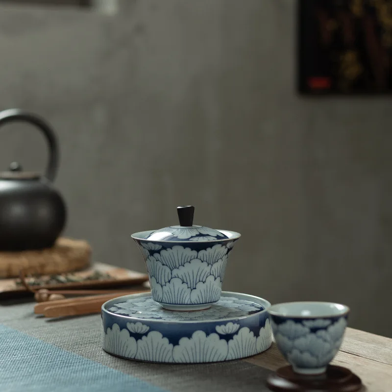 Sancai Tureen Pot Bearing Set Antique Blue-and-White Tea Heat-Resistant Ceramic Kung Fu Tea Cup Home Sopera De Ceramica Gaiwan