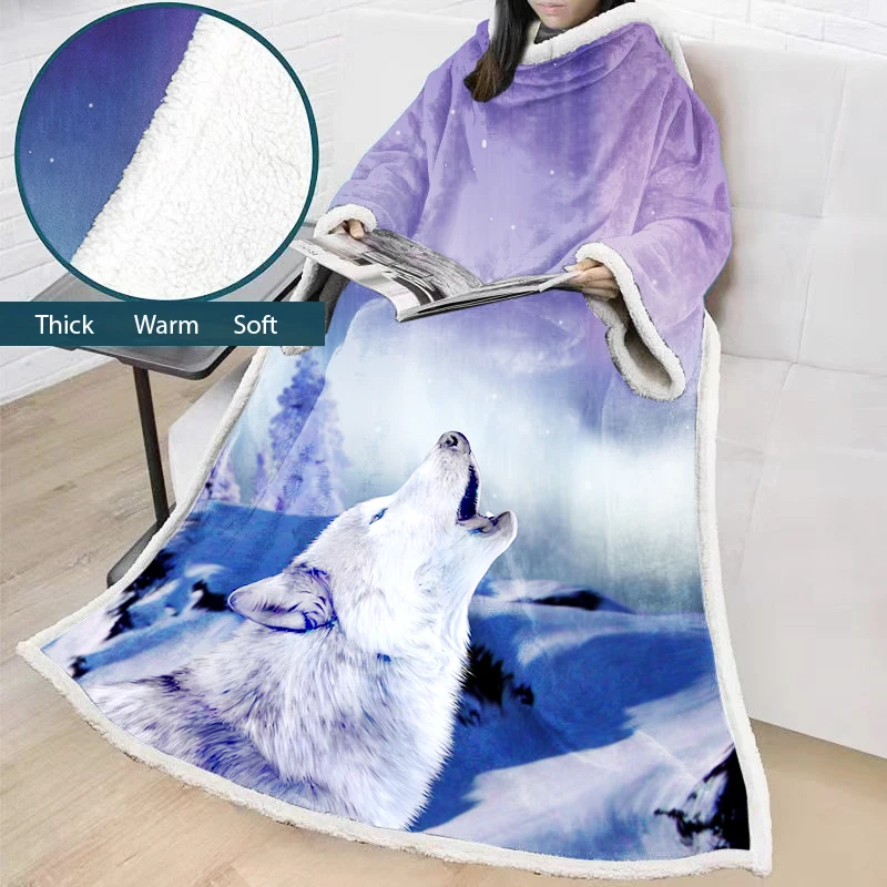 

2019 Autumn New Warm Blanket with Sleeve Adults Kids Wolf Animal Sherpa Fleece Wearable Throw Blanket Winter Microfiber Blankets