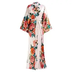 Bata Kimono con estampado de flores para mujer, Elegante ropa de dormir hasta el tobillo, suave e informal, de talla grande, para boda