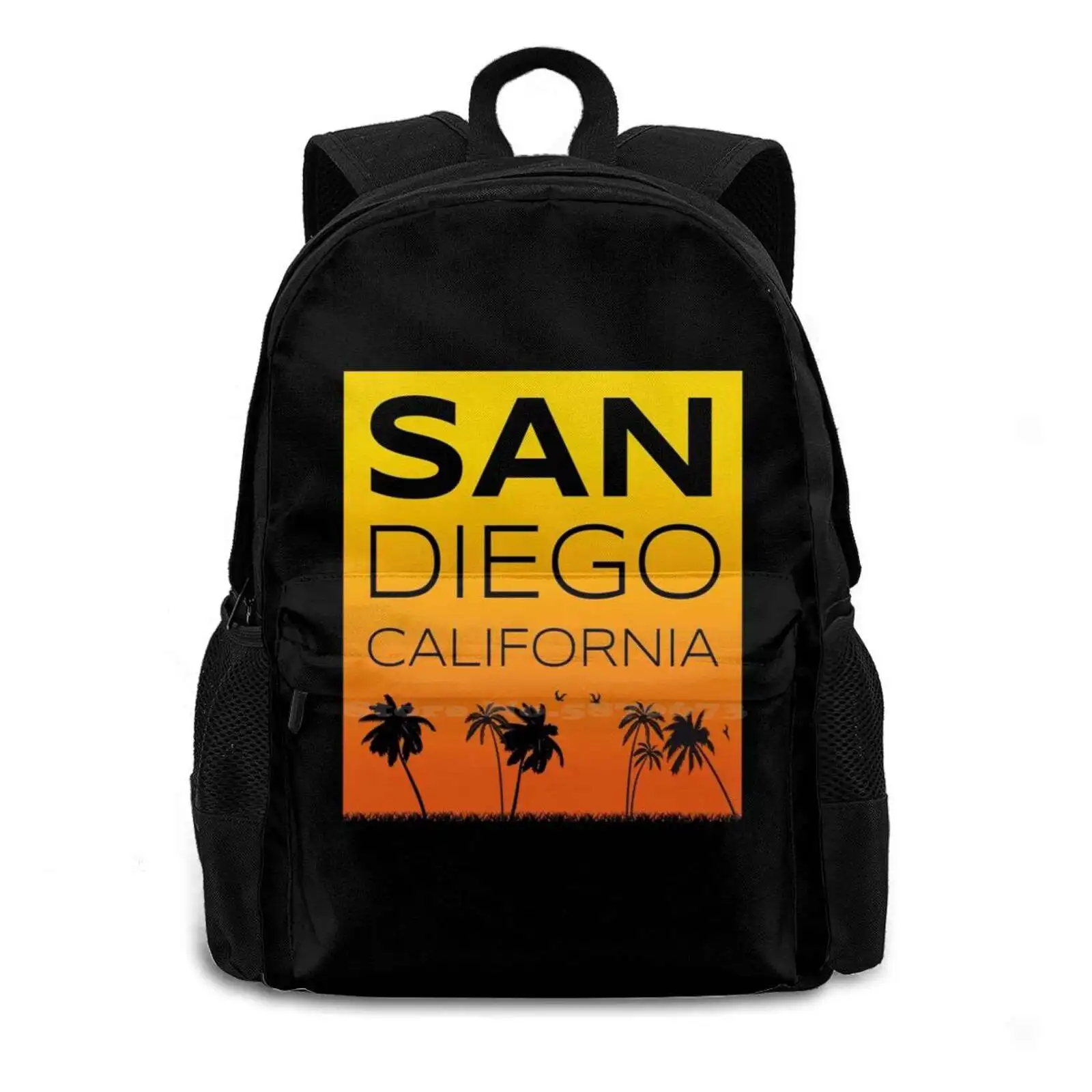 San Diego California New Arrivals Unisex Bags Student Bag Backpack San Diego California City Cities Sunset Orange Black Palm