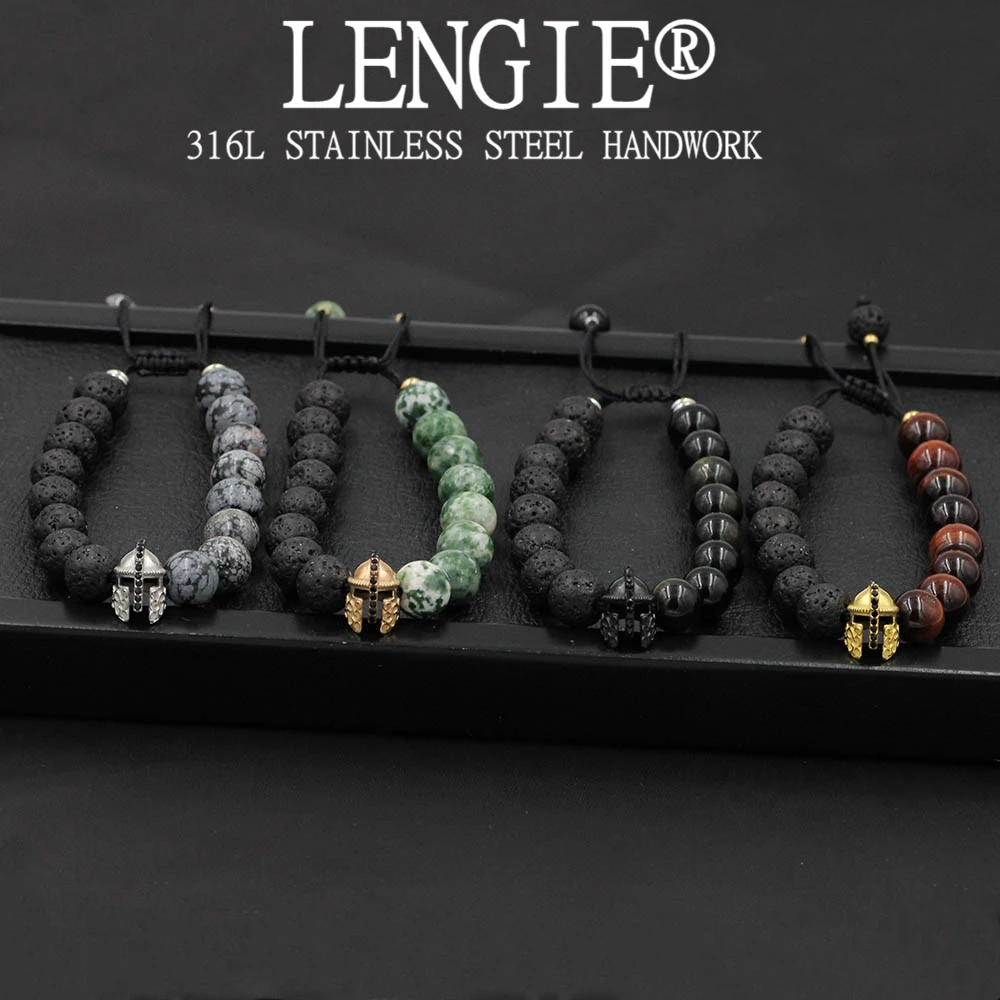 Lava Stone Beads Bracelet Stainless Steel Roman Knight Spartan Warrior Gladiator Helmet Strand Bracelets for Men Jewelry Hombres