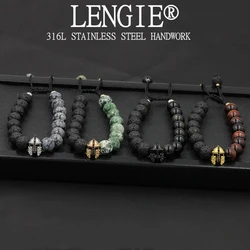 Lava Stone Beads Bracelet Stainless Steel Roman Knight Spartan Warrior Gladiator Helmet Strand Bracelets for Men Jewelry Hombres