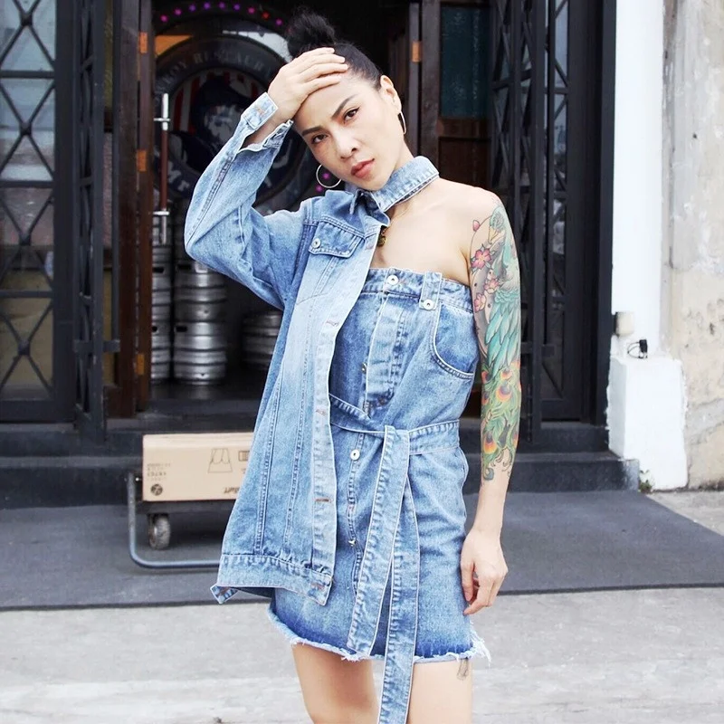 

One Personality Side Is Long Sleeves And One Side Is Sleeveless Women Denim Dresses Asymmetrical Off the Shoulder Jeans Dresses