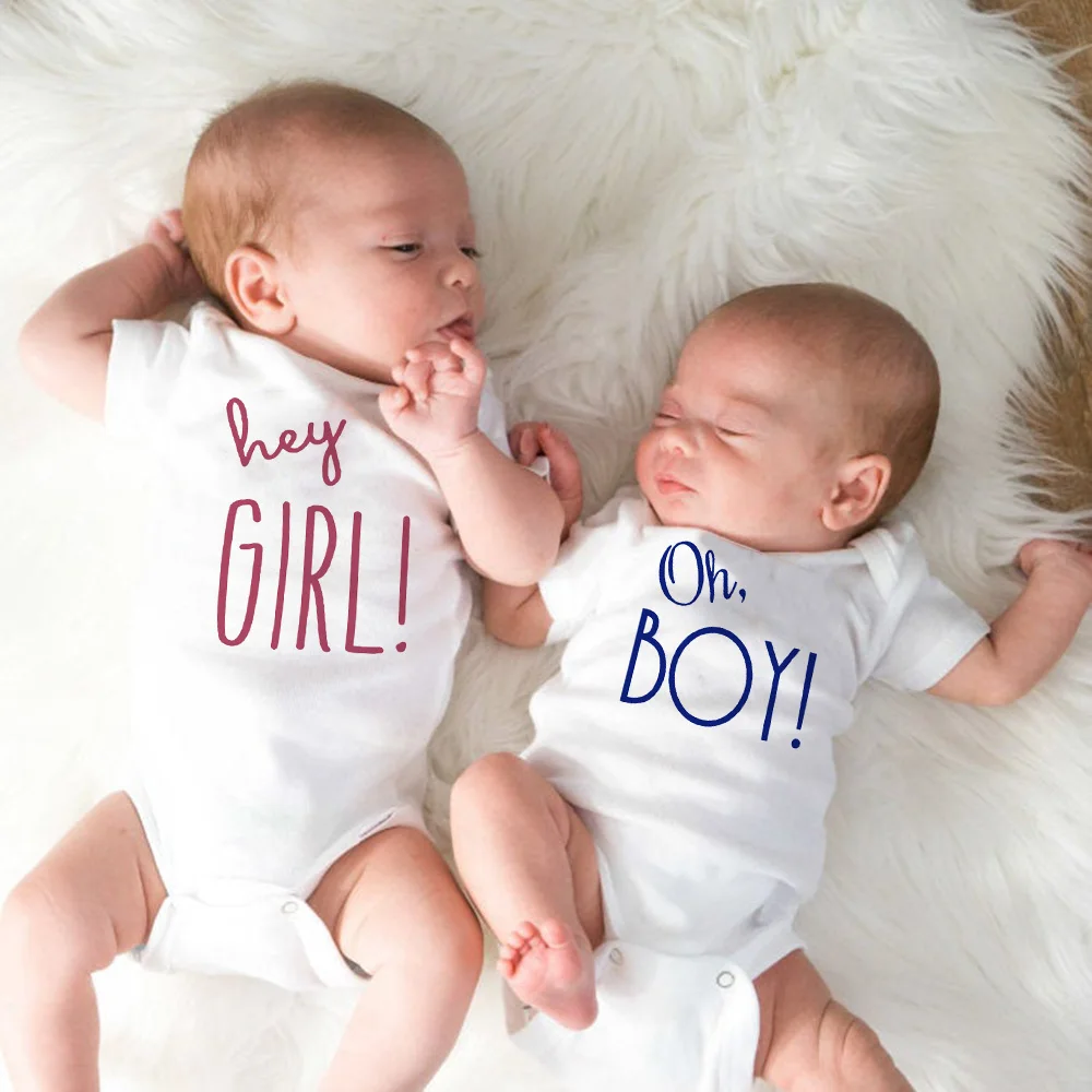 Twin Girl & Twin Boy Matching Clothes Gender Reveal Baby  Hey Girl Oh Boy Newborn Infant Romper Jumpsuit Outfits