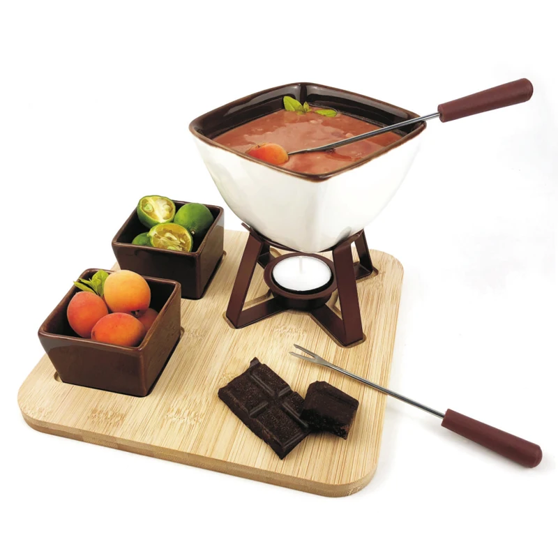 Fondue Pot Set, Glazed Ceramic Fondue Set for Chocolate Fondue or Cheese Fondue – Perfect Gift Idea for Housewarming or Birthday