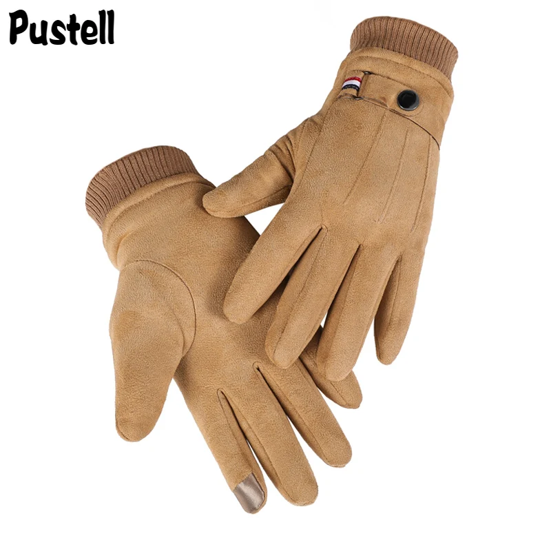 Suede Men Gloves Winter Touch Screen Keep Warm Windproof Driving Guantes Thick Cashmere Anti Slip Outdoor Male Leather Gloves