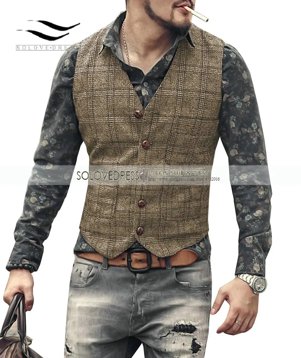 2022 preto coffe masculino verificar tweed colete de lã vintage casual fino ajuste colete com decote em v negócio gilet para padrinhos casamento