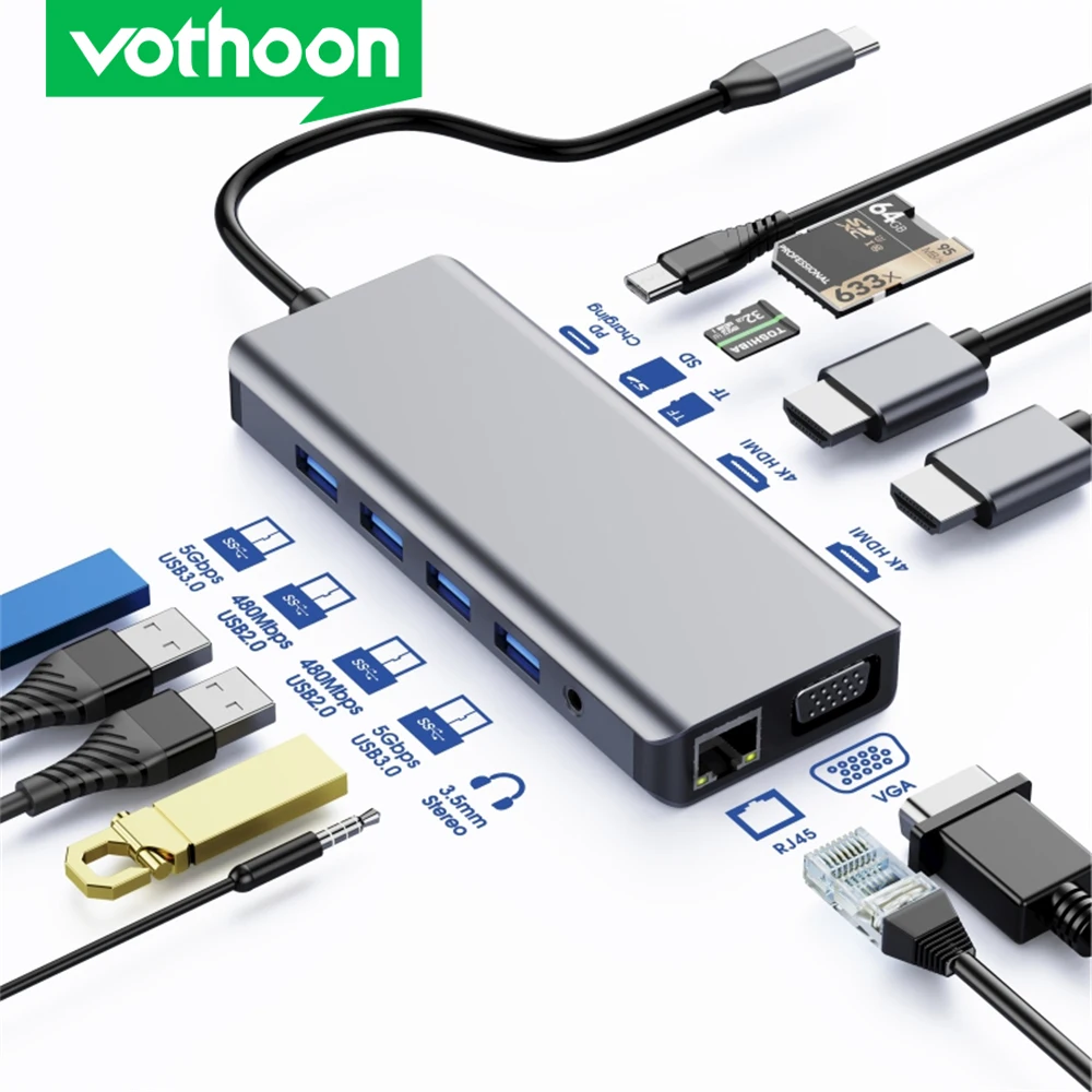 

Док-станция Vothoon 12 в 1, USB Type C, 3,0 до RJ45