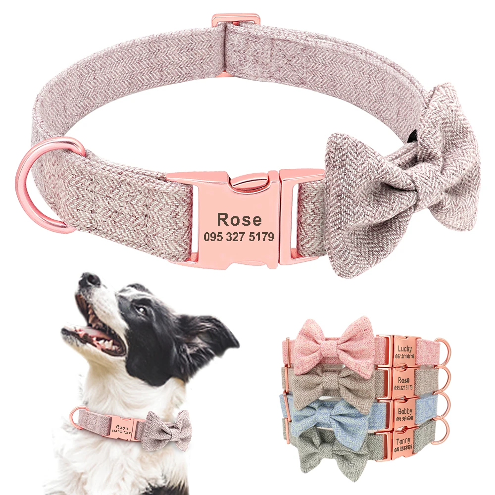 Personalized Dog Collar With Bow Tie Soft Woolen Cloth Dogs ID Collars Anti-lost Free Engraving Cute Bowknot Pet Accessories