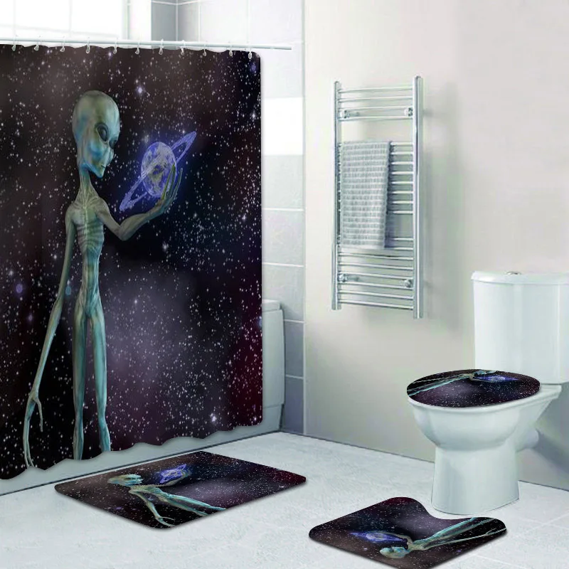 Fantasy Alien Holding Ringed Planet Shower Curtain Set 3D Bathroom Curtain Cosmos Creature Outer Space Kids Bath Rugs Home Decor