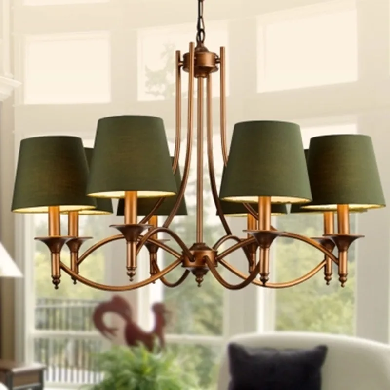 

American Bronze Metal Led Chandeliers Lighting Fabric Shades Living Room Led Pendant Chandelier Lights Hanging Lamp Fixtures