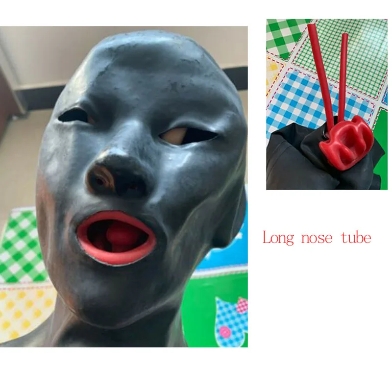 0.6mm Mould Full Head Latex Mask Fetish Open Closed Eye Rubber Hood with Red Mouth Teeth Lip Sheath Tongue Nose Tube 54-57cm