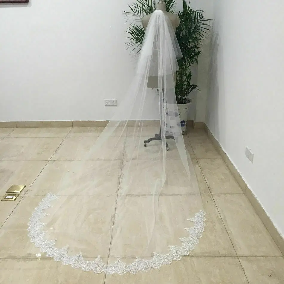 Nieuwe Handgemaakte Blusher Sluier 3 Meter 2 Tier Kant Kathedraal Lengte Bruiloft Sluier Met Metalen Kam Pailletten Bridal Veils