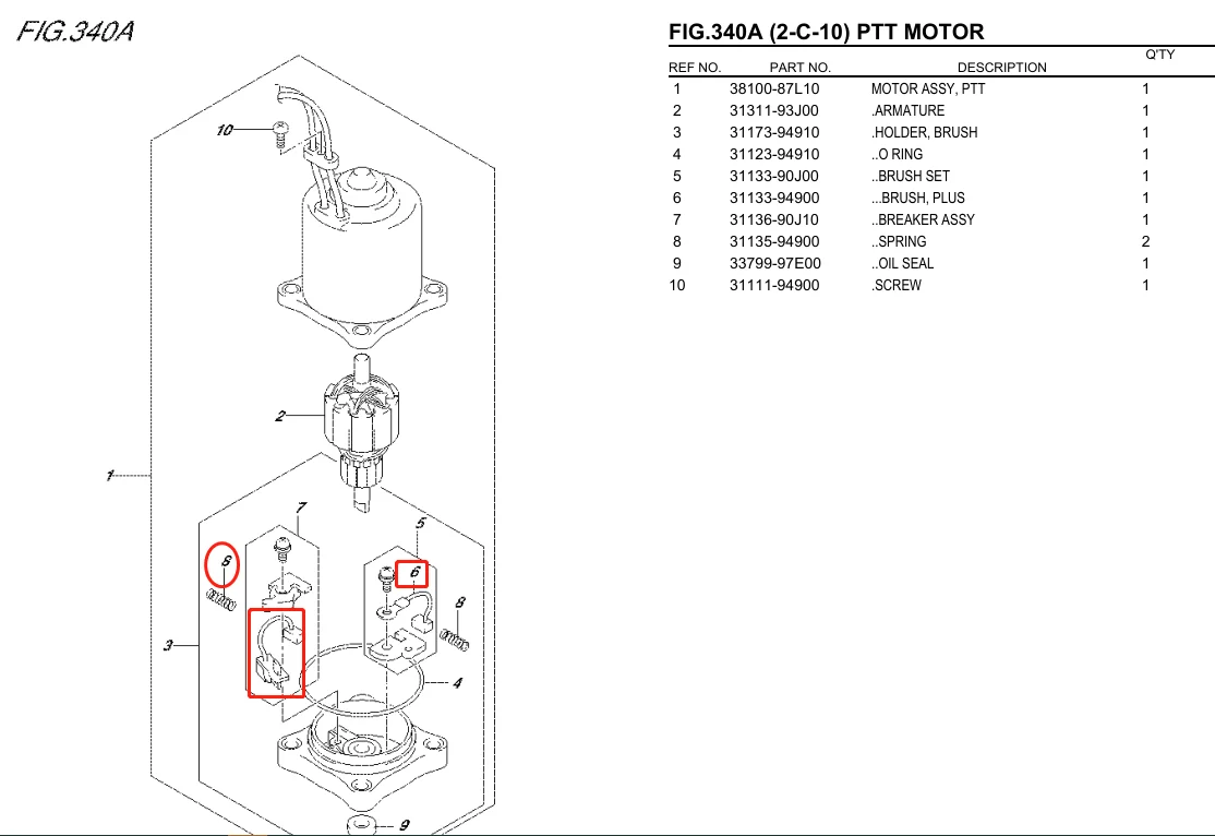 31133-94900 Brush Set For Suzuki Outboard Trim Motor Repair with 31135-94900 Spring  31136-94900