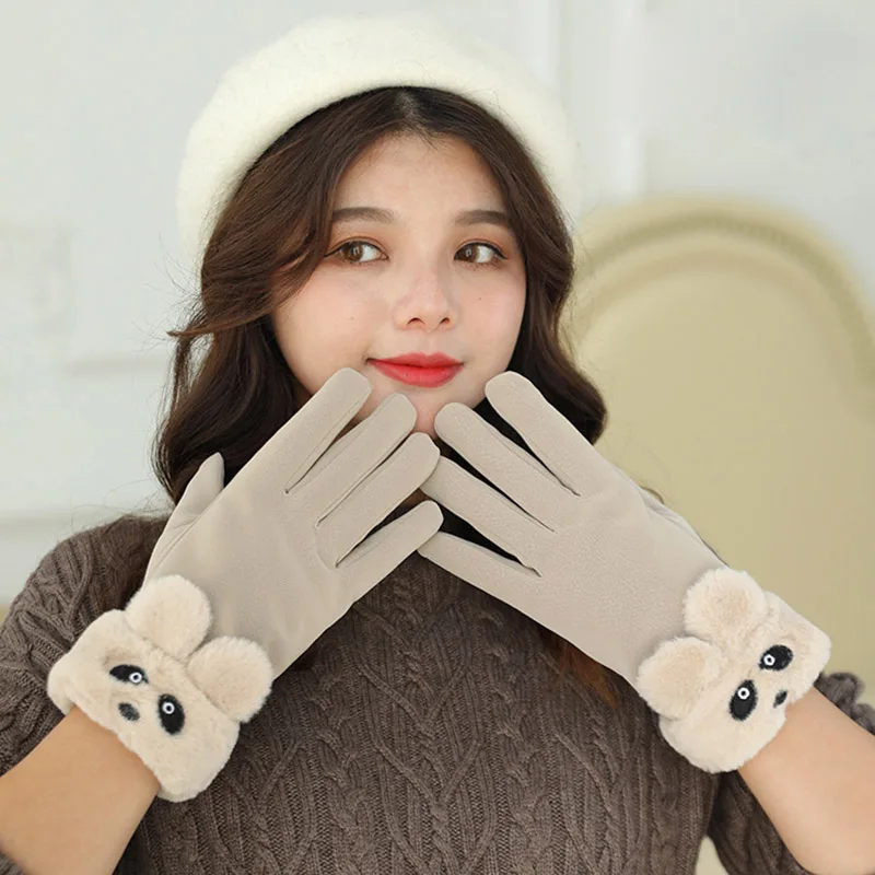 

Winter Female Warm Suede Leather Cyte Bear Sport Cycling Mitten Women Double Thick Plush Cashmere Touch Screen Driving Glove I6