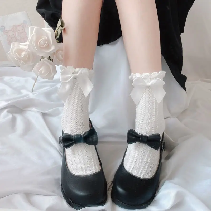 1 Pair Women Socks Ruffle Lolita Bow Socks Cosplay Costumes Accessories Medium Tube Comfortable Socks Cute Sweet Girl Gift