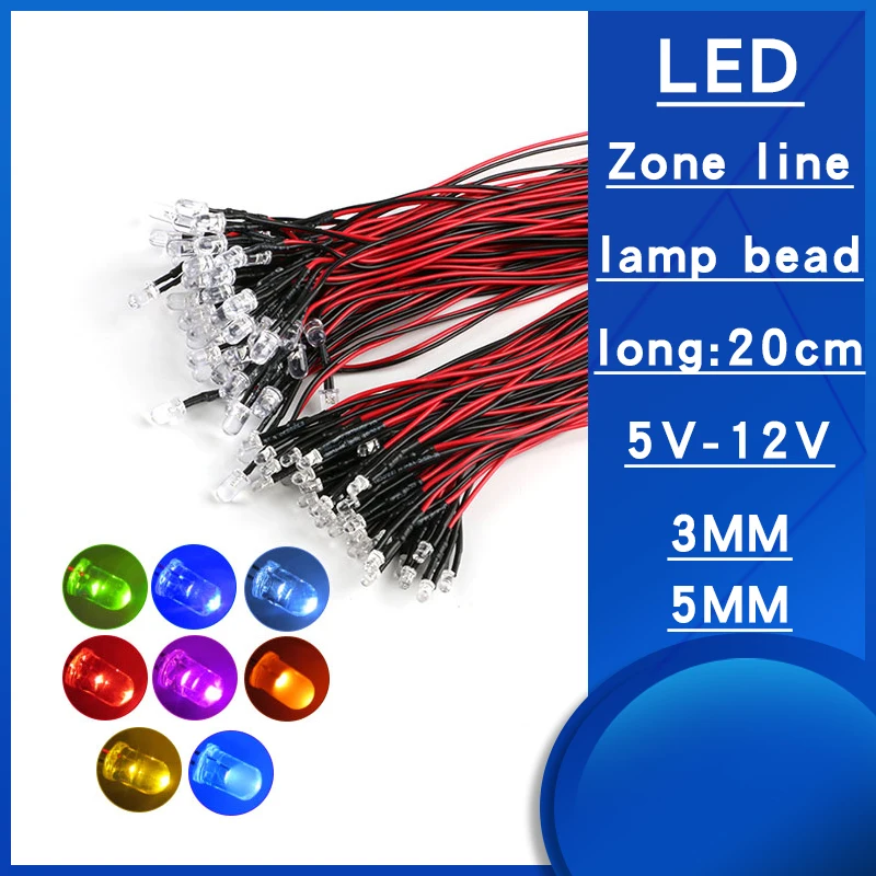 10pcs/lot 3MM/5MM light-emitting diode LED with string lamp bead model decorative toy car indicator light 5V~12V Line 20 cm long