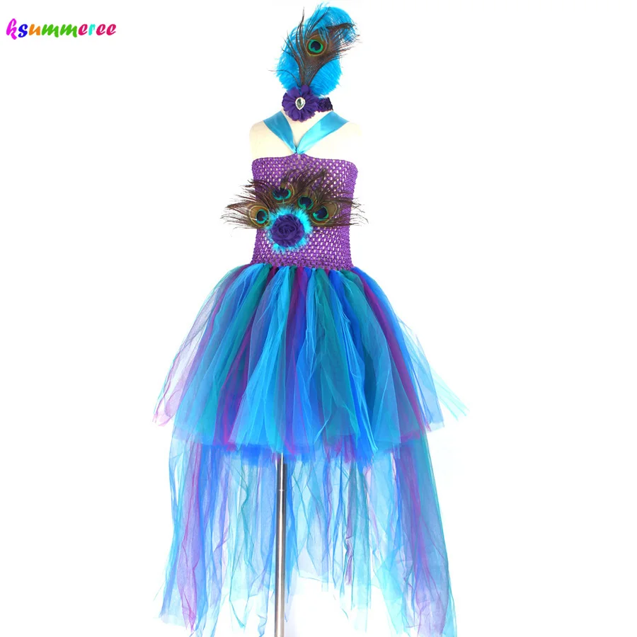 Peacock Tutu Costume Dress Child Girls Pageant Prom Ball Gown Princess Peacock Feather Halloween Birthday Party Train Dress