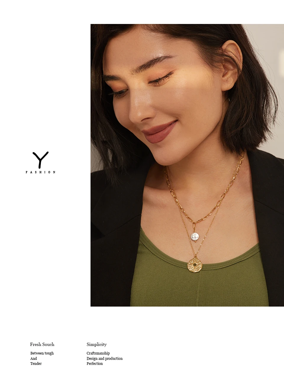 Yhpup Statement Round North Star Layered Pendant Necklace for Women Golden Stainless Steel Natural Pearl Chain Collar Necklace