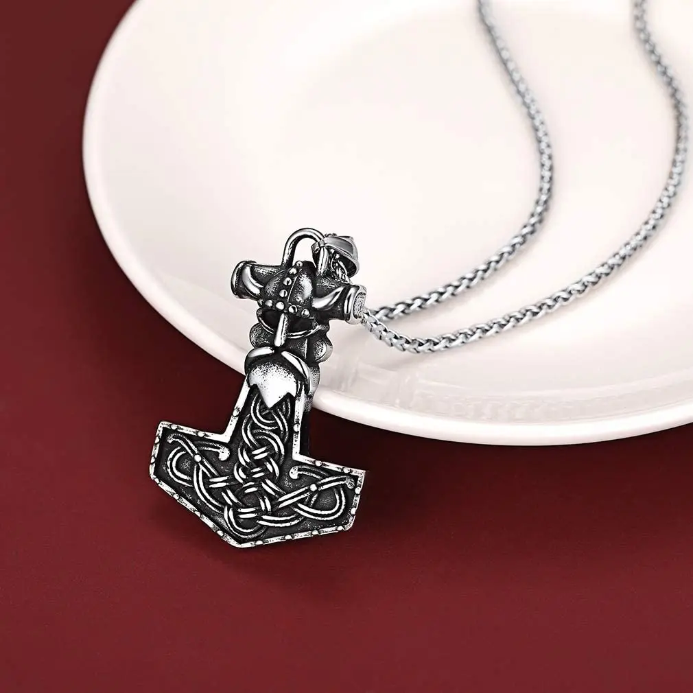 U7 Norse Vikings Odin Necklace Mens Stainless Steel Nordic Viking Jewelry Thor\'s Hammer Pendant Pagan Amulet Accessories