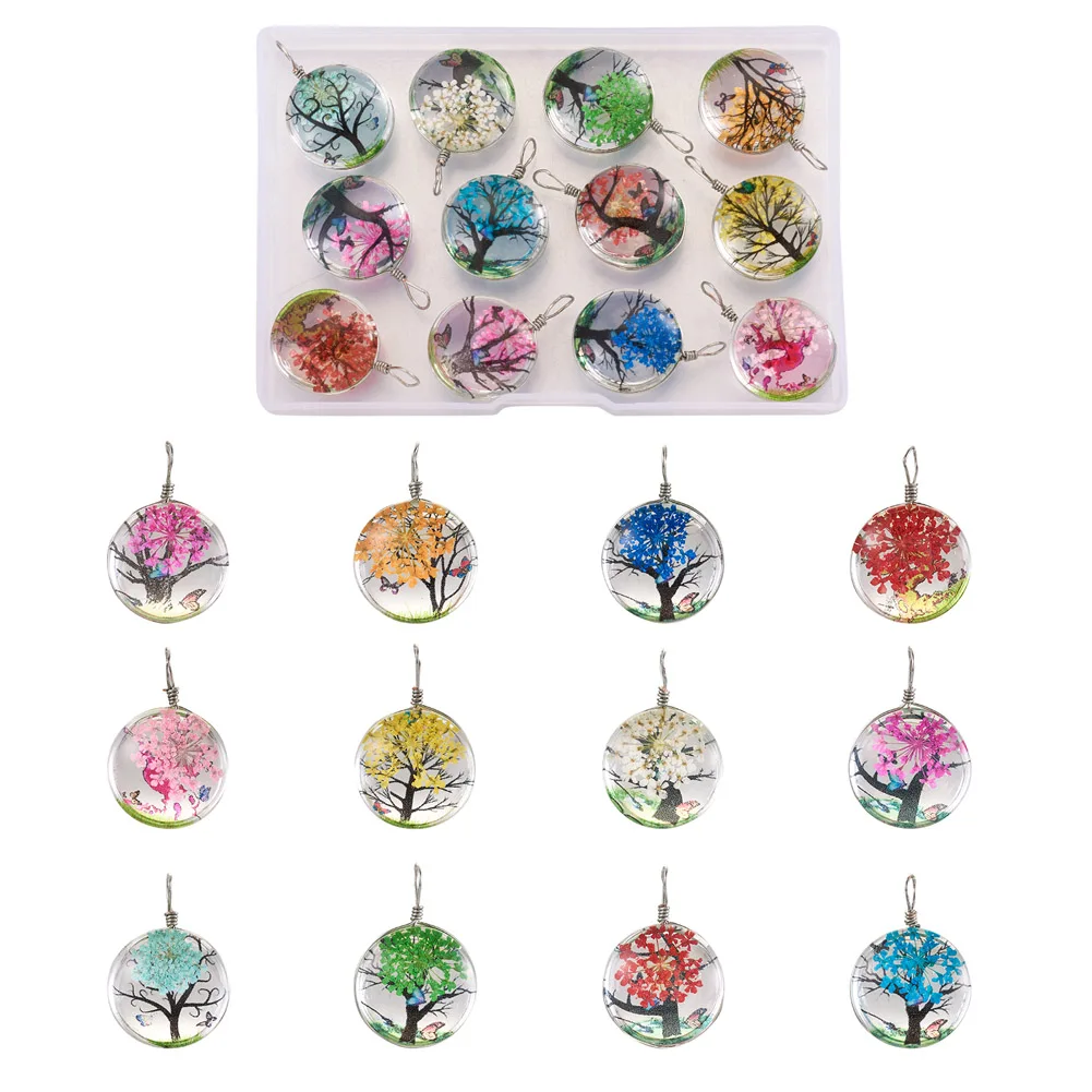 

12Pcs Transparent Glass Pendants with Dried Flower inside and Stainless Steel Finding Flat Round Mixed Color 20x12.5mm