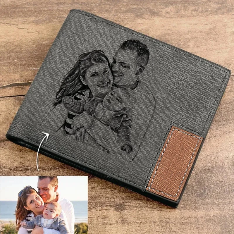 Men's Engraving Custom Inscription Photo Engraved Wallet Short wallet purse Custom postcard wallets engraved leather wallets