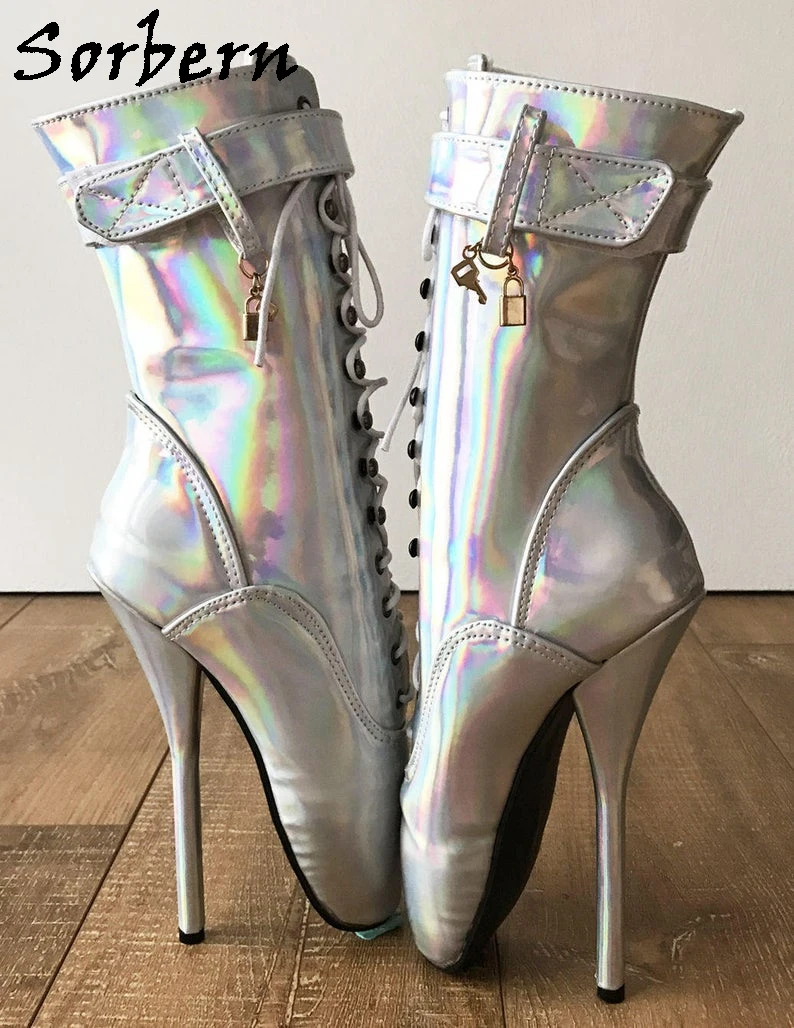 Sorbern Ballet Pointe Boots Sliver Holographic Rainbow  Ankle Boots For Womens Dancer Boots Plus Size High Heels