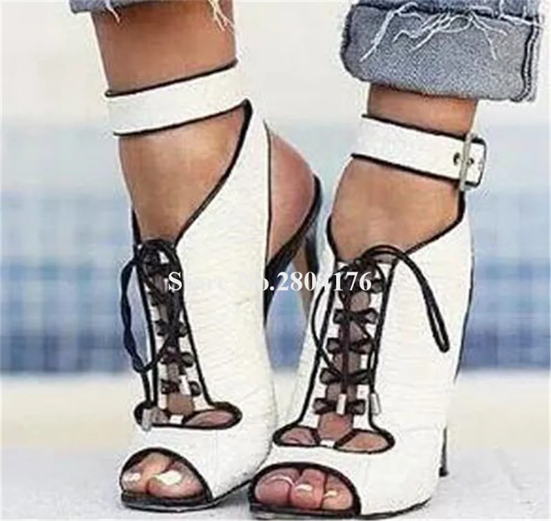 

Women Elegant Peep Toe Suede Leather Stiletto Heel Short Gladiator Boots Black Side Lace-up Cut-out Ankle Booties Dress Heels