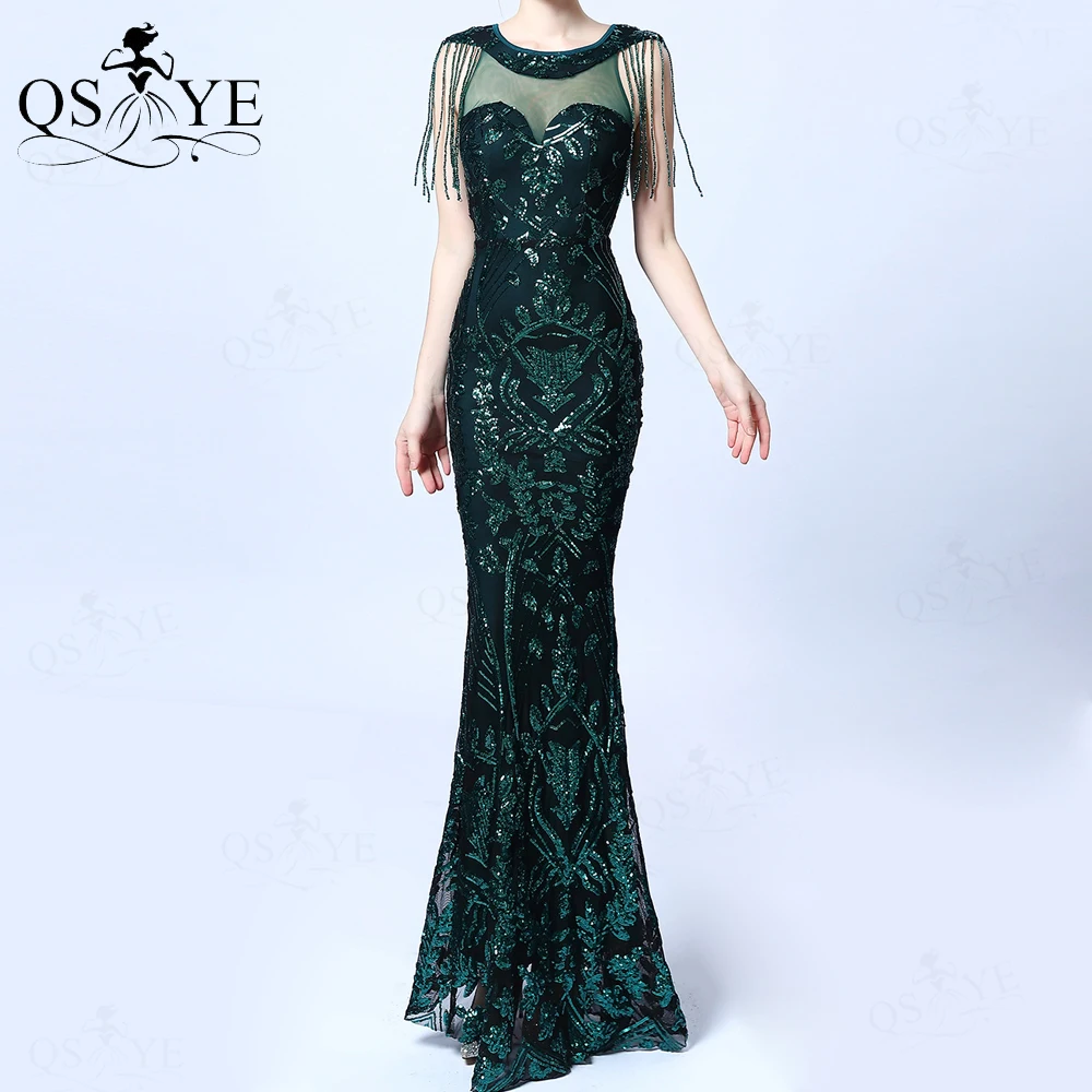 

Green Evening Dress 2021 Modest Emerald Mermaid Formal Prom Gown Beading Straps Scoop Neck Lace Party Women Dress Illusion Back