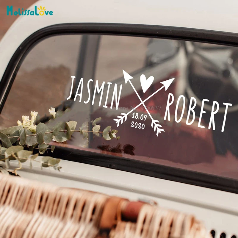 Crossed Arrows wedding car sticker Custom Name Date Wedding Party Sign Welcome Vinyl Stickers BA354