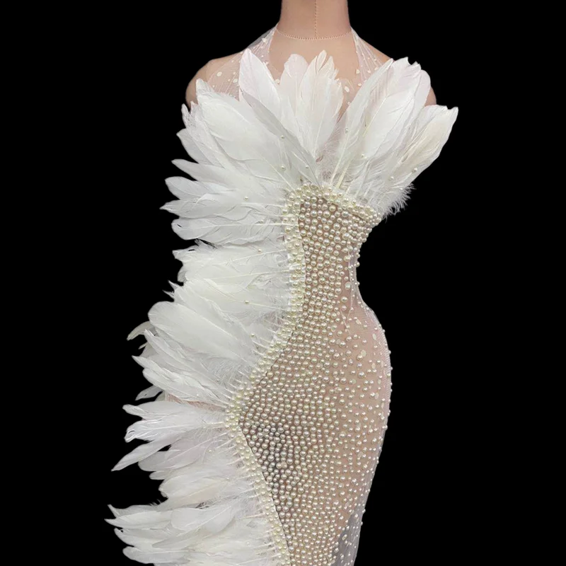 Elegant White Feather Mesh See Through Wedding Party Long Dress Women Sexy Prom Halter Rhinestone Dress Singer Stage Clothes