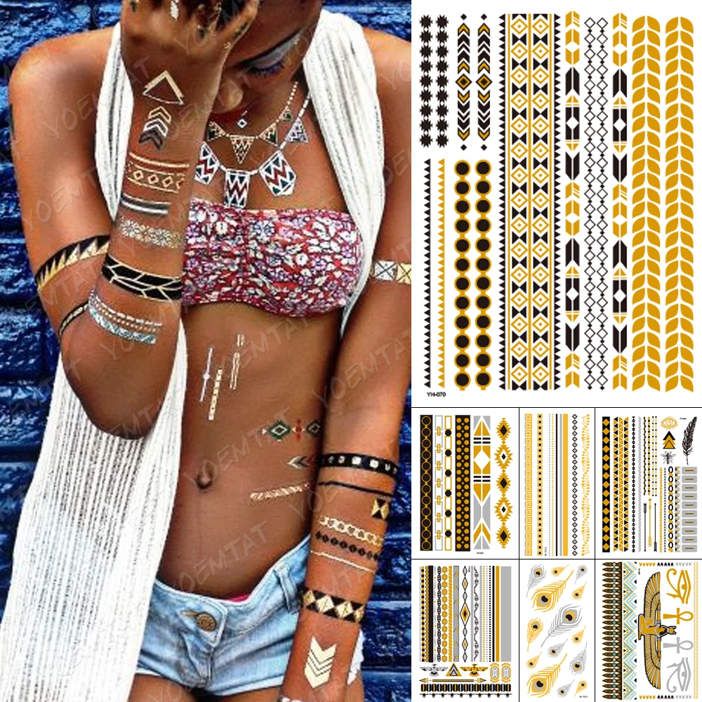 

Waterproof Temporary Tattoo Sticker Metal Gold Silver Bracelet Jewelry Flash Tatoo Henna Egyptian Goddess Body Art Fake Tatto