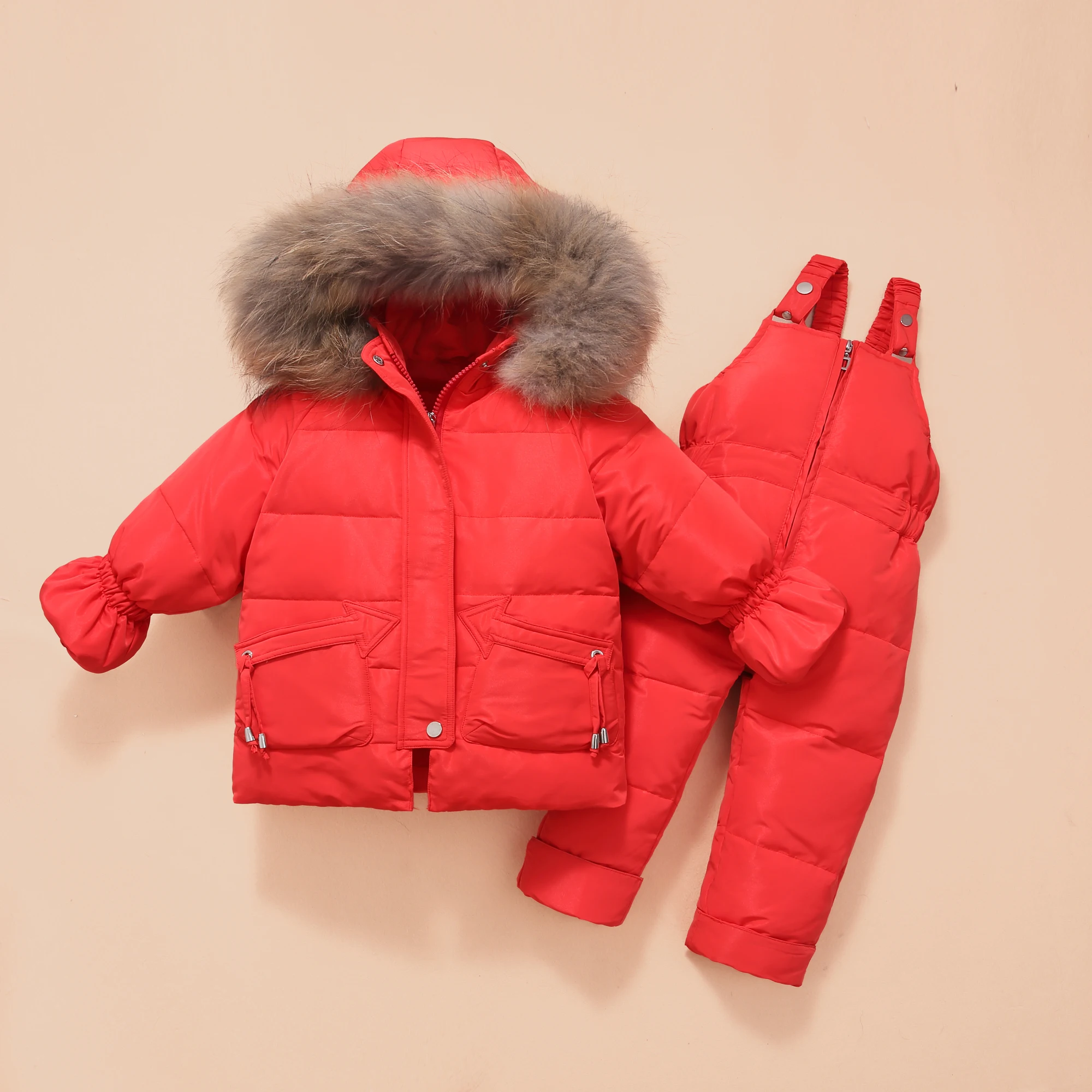 -30 Degrees Winter Children Down Jacket Clothing Sets Fur Collar Girls Down Jackets + Overalls Kids Warm Suit For toddler Boys