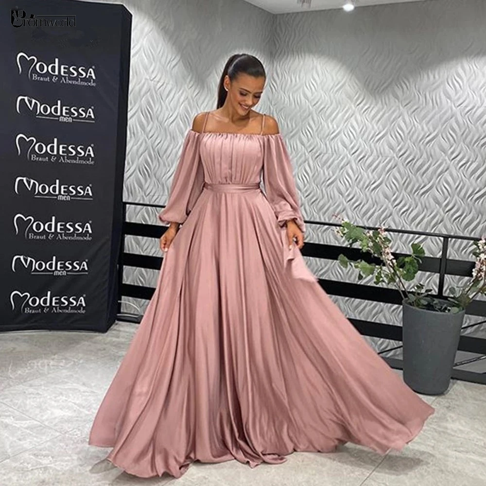 

Dusty Pink Evening Dresses Long Sleeves Vestidos De Fiesta Spaghetti Straps A-Line Chiffon Prom Gowns Women Formal Dress 2024