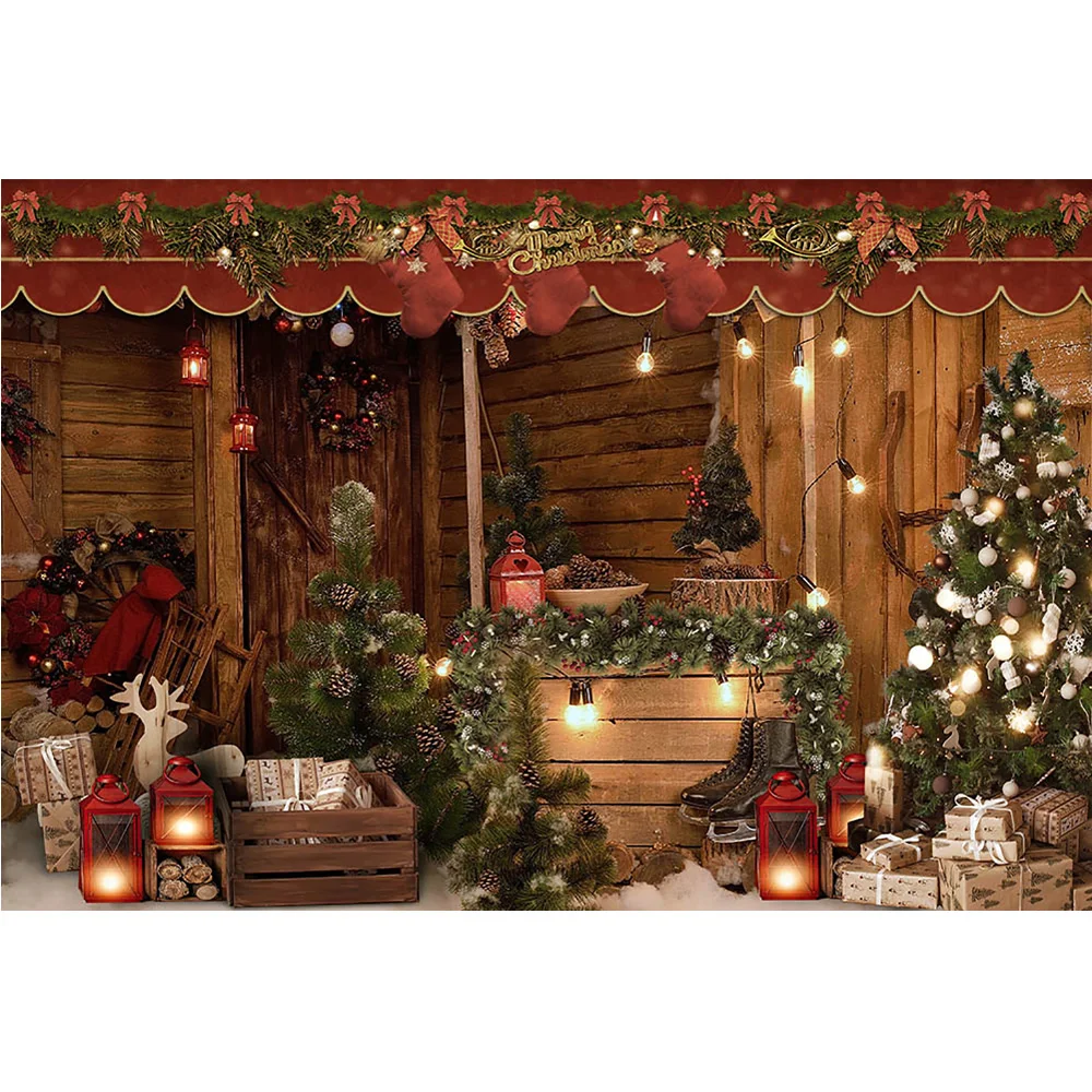 Fondo de Fotografía de Invierno, Fondo de pared de madera rústica de Feliz navidad, regalos, lámpara de luz, árbol de Navidad, fiesta familiar, sesión de fotos