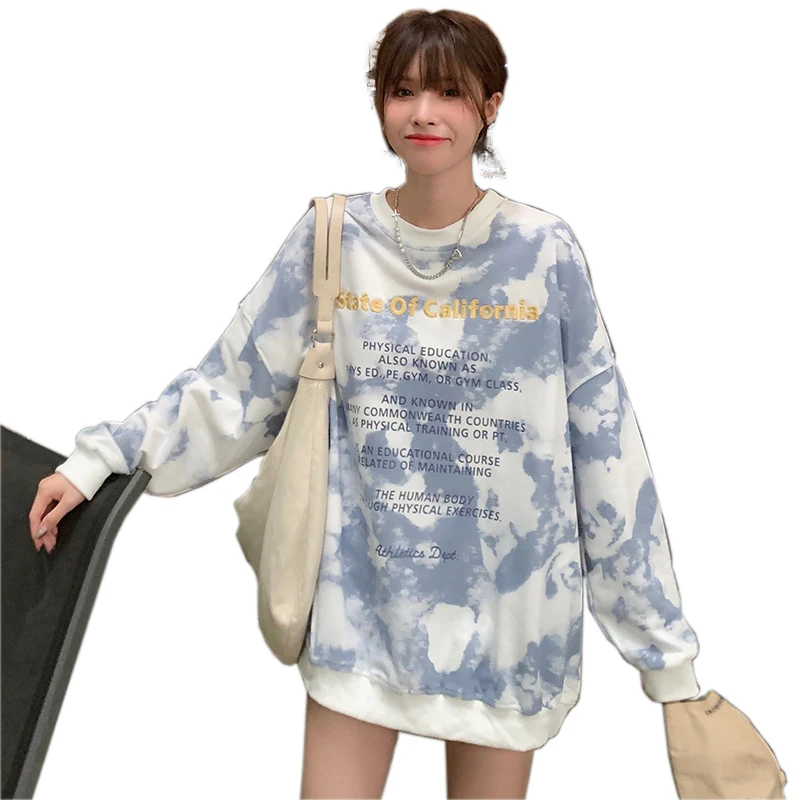 

New women's pullovers loose slouchy girly tie dye sweatshirts warm fleece lining women's wear