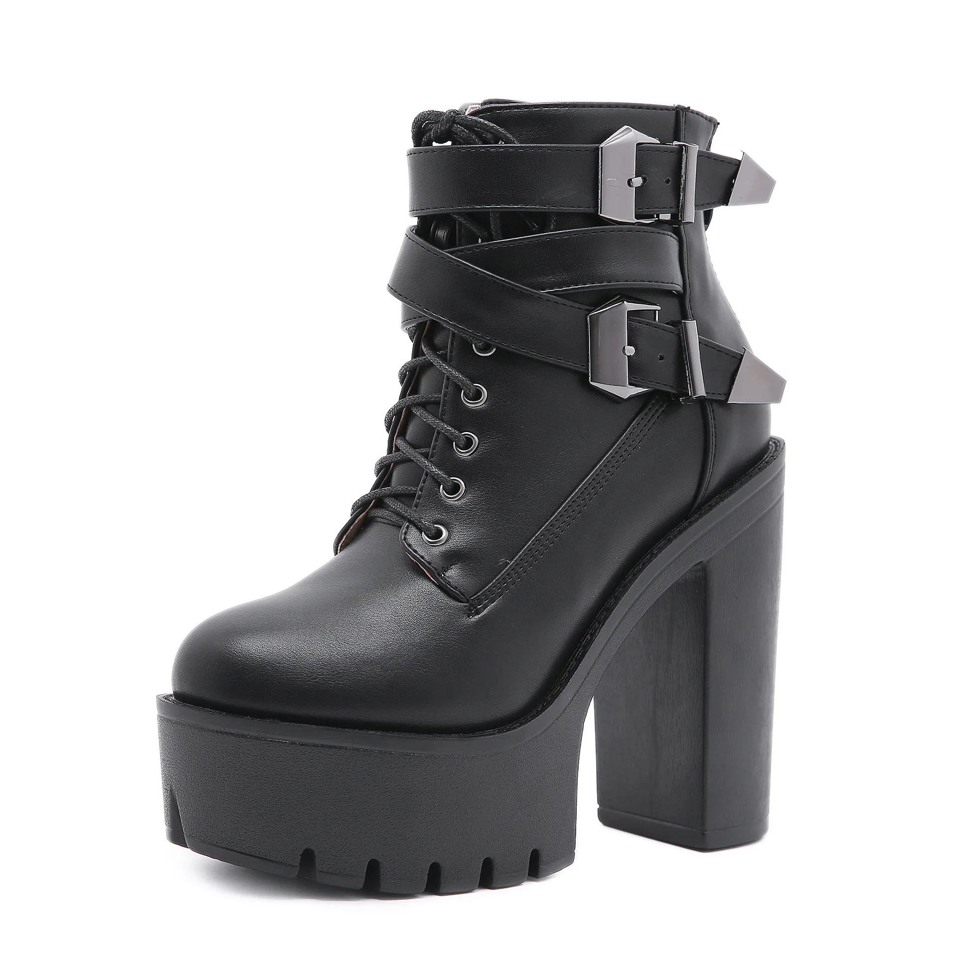 Sexy Spring Autumn Fashion Women Boots High Heels Platform Buckle Lace Up Leather Short Booties Black Ladies Shoes Large size