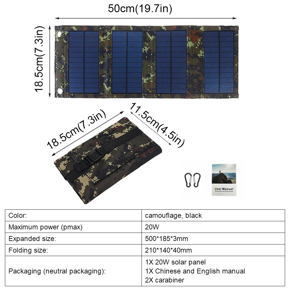 Foldable USB Solar Panel Outdoor 20W Flexible Solar Panels Waterproof Backpack Folding Solar Battery Phone Mobile Power Chargers