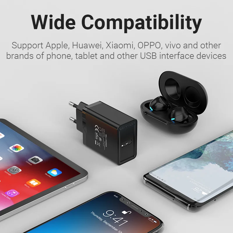Vention 5V 2.4A USB Charger for iPhone X 8 7 iPad 12W Fast Wall Charger EU UK Adapter for Samsung Xiaomi US Mobile Phone Charger