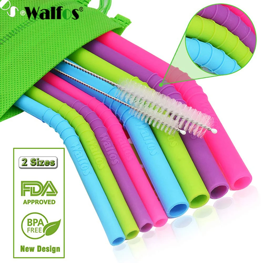 WALFOS 11 Pieces/Set Reusable Silicone Straws Set Extra Long Flexible Straws Bar Accessories Cleaning Brushes Bag Kitchen Tools