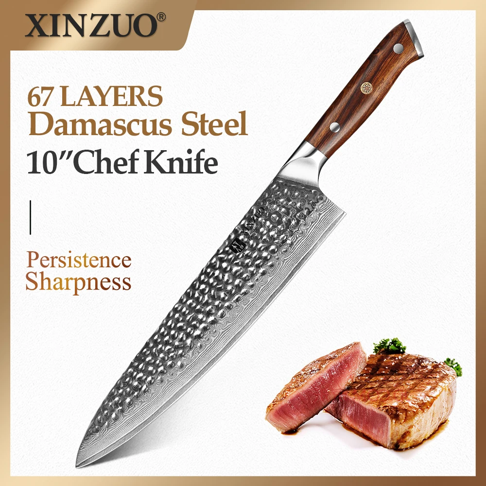 

XINZUO 10'' Chef Knife VG10 Damascus Stainless Steel Hammered Stria Sharp Butcher Gyuto Kitchen Knives 255mm Chef