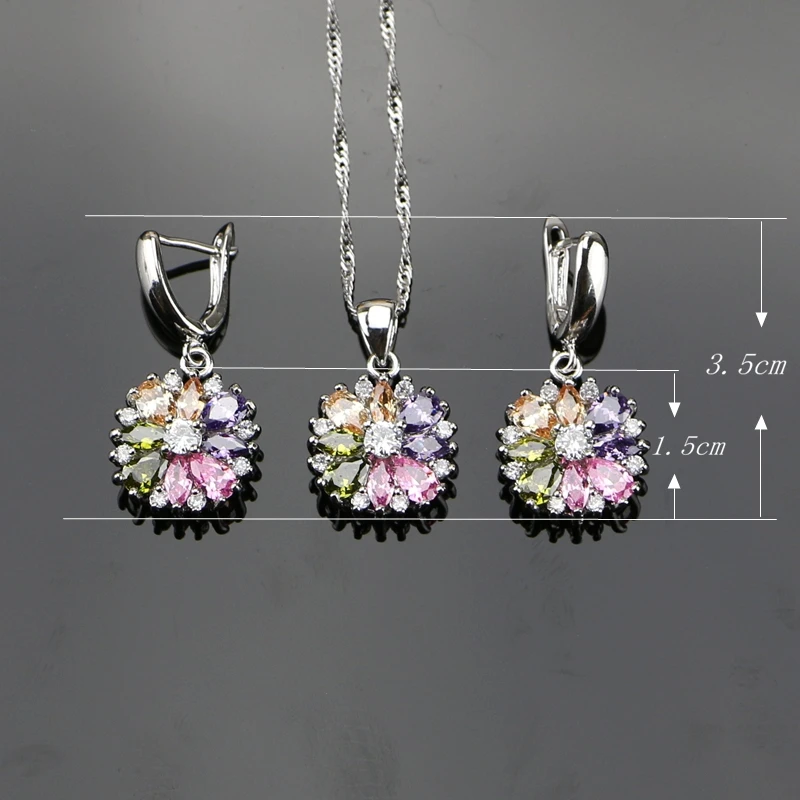 Bride 925 Silver Jewelry Sets For Women Flower With Multicolor Cubic Zirconia Necklace/Ring/Earrings/Bracelet/Pendant