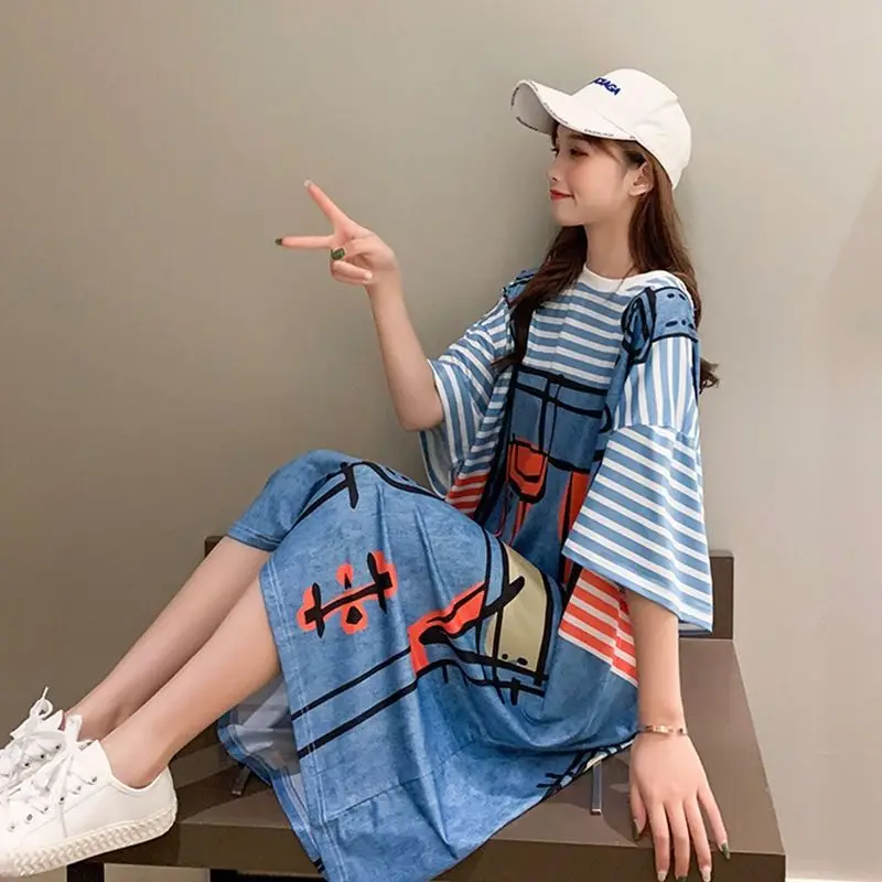 Nightgowns Women Striped Cartoon Fake-suspenders Short-sleeve Stylish Korean Leisure Homewear Sleep-shirts Female Loose Fashion